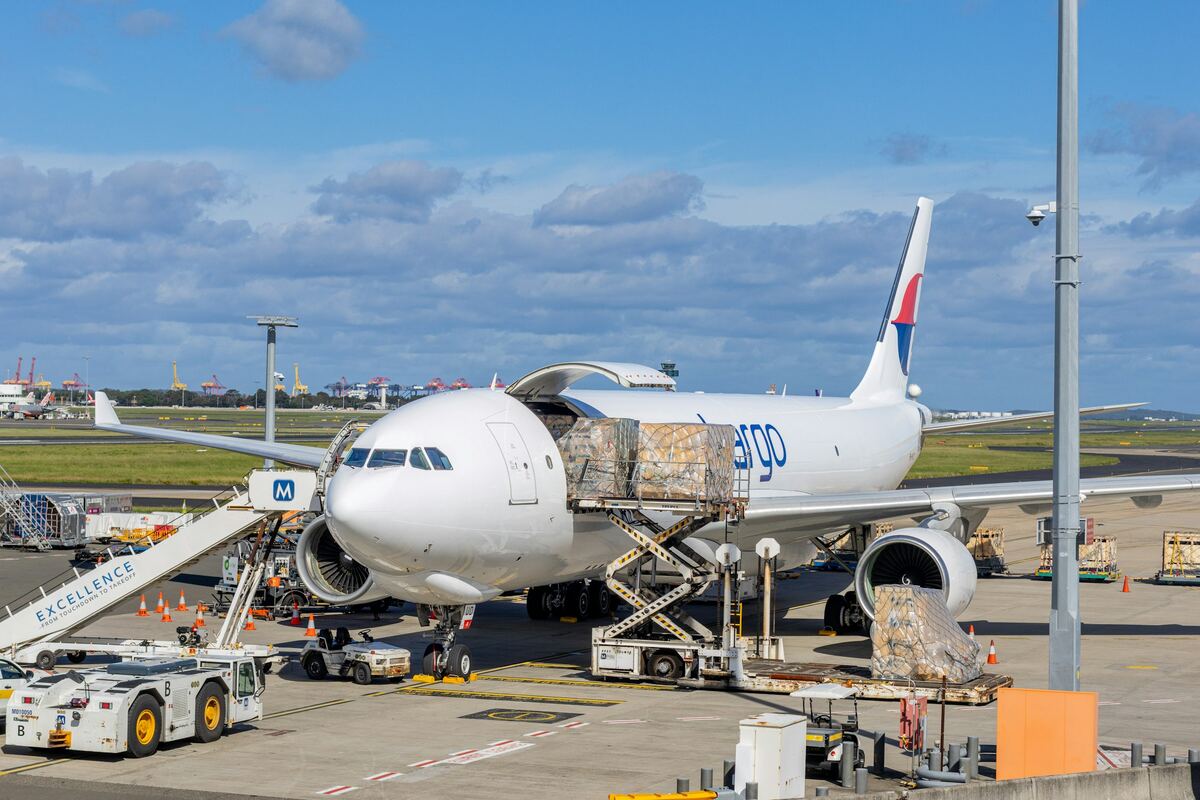 Cargo aircraft being unloaded at an airport freight area